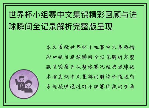 世界杯小组赛中文集锦精彩回顾与进球瞬间全记录解析完整版呈现